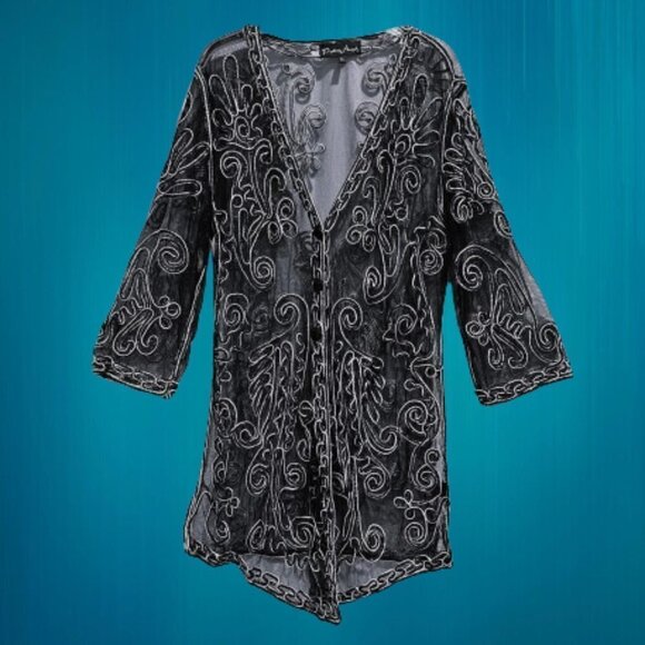Pretty Angel Black & White Sheer Embroidered Silk Blend Cardigan - XL - Picture 1 of 10